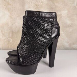 ALEXANDER WANG Black Leather Peep Toe Ankle Booties With Woven Design 7.5